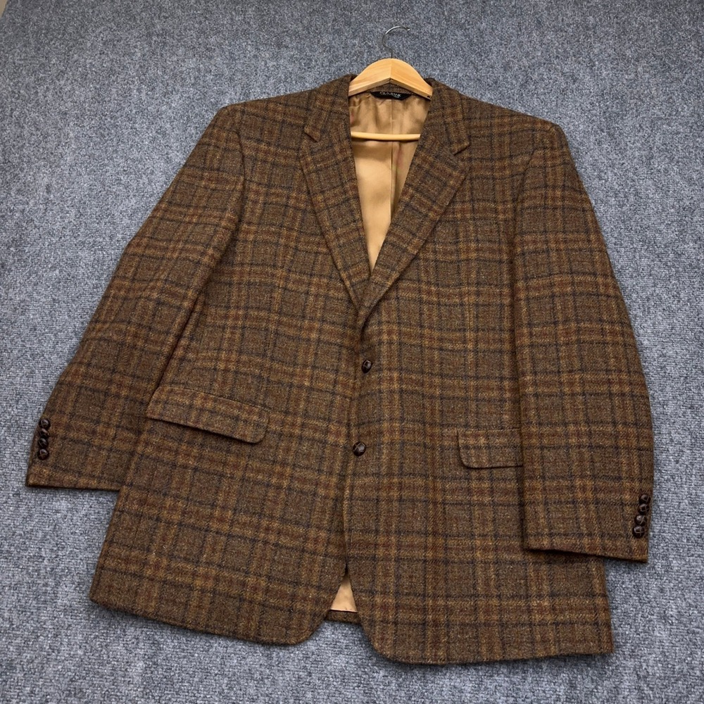 Harris Tweed Jos. A. Bank Wool Blazer Sport Coat Men's 48L Brown Plaid Academia